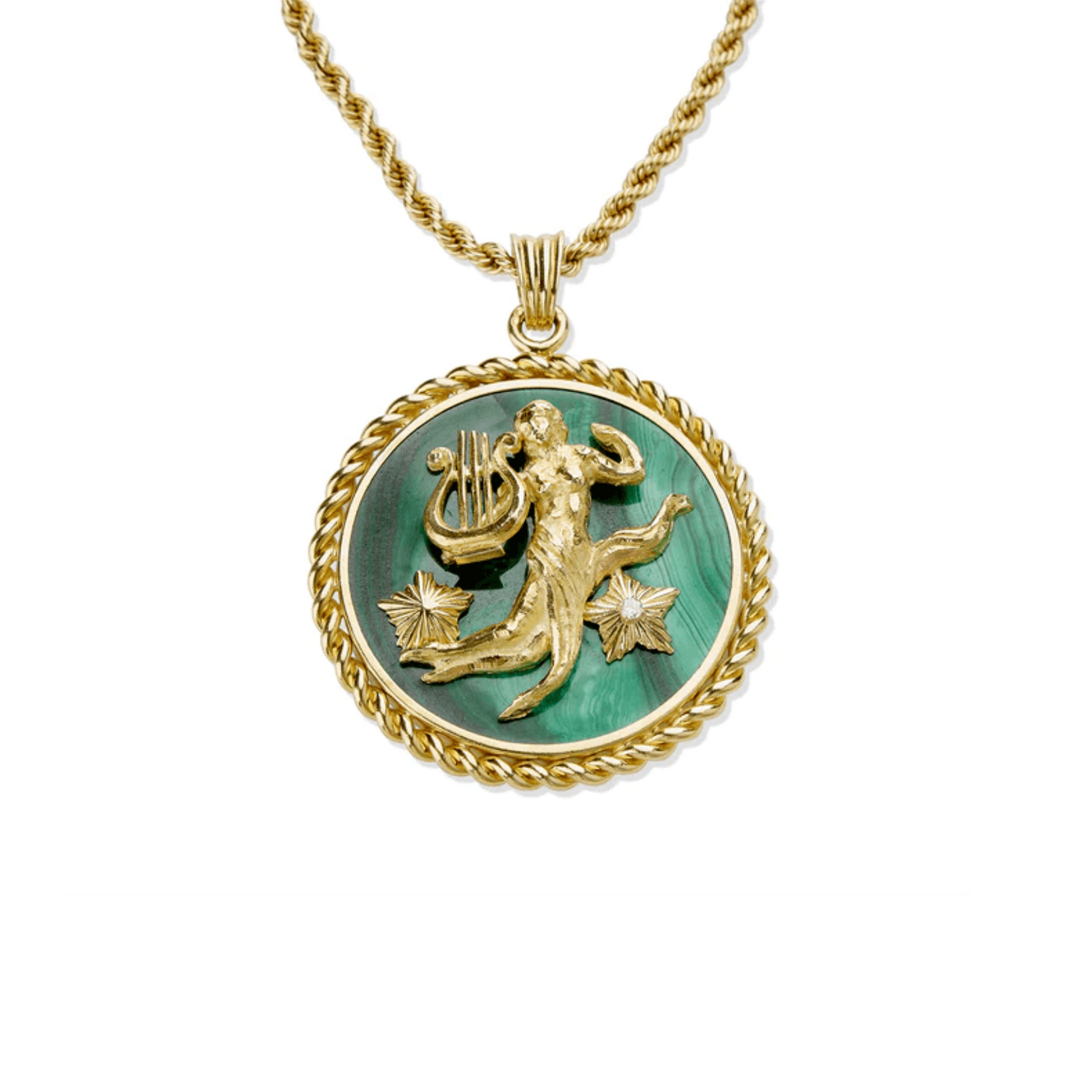 Van Cleef & Arpels French 1970s 18KT Yellow Gold Malachite Virgo Pendant Necklace front