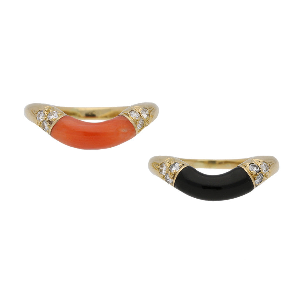 Cartier French 1970s 18KT Yellow Gold Coral, Diamond, Onyx Ring front