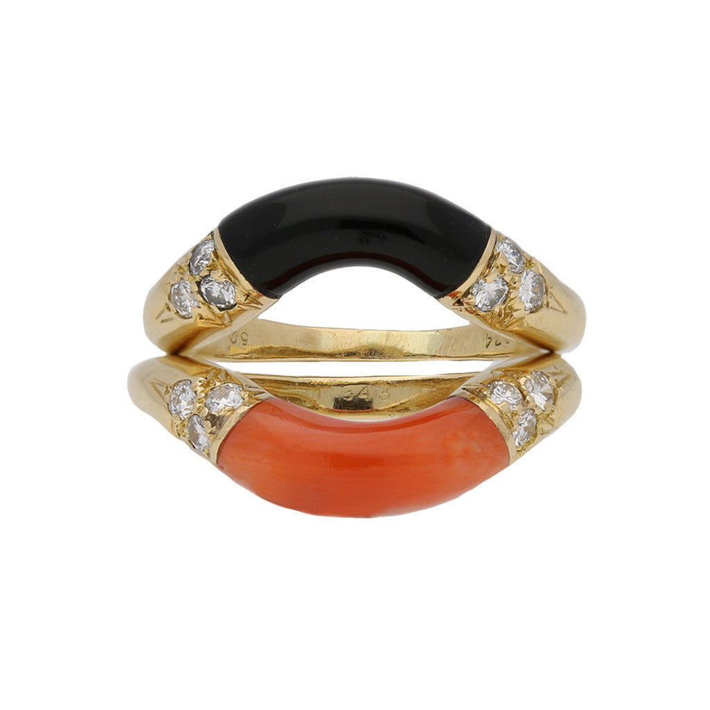 Cartier French 1970s 18KT Yellow Gold Coral, Diamond, Onyx Ring front