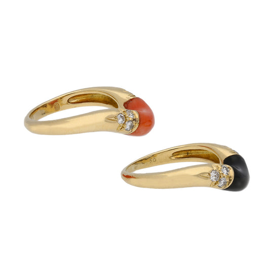 Cartier French 1970s 18KT Yellow Gold Coral, Diamond, Onyx Ring side