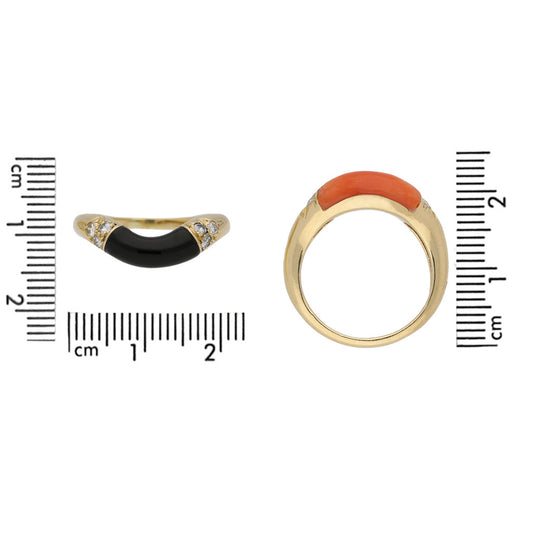 Cartier French 1970s 18KT Yellow Gold Coral, Diamond, Onyx Ring front and profile