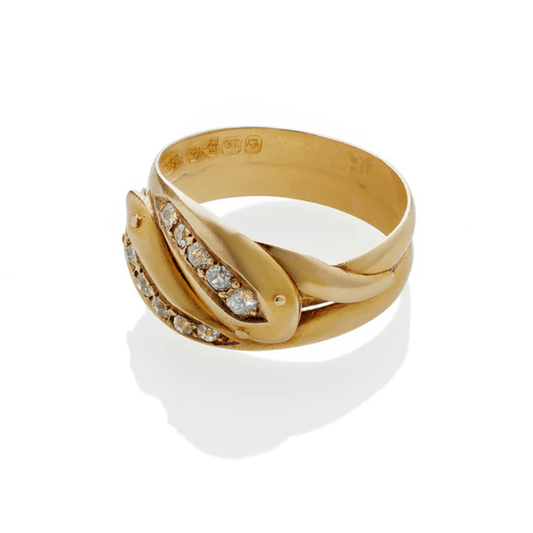 Victorian 18KT Yellow Gold Diamond Snake Ring close-up of hallmarks and stamps