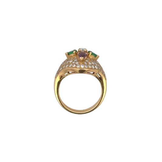 1980s 18KT Yellow Gold Diamond, Amethyst & Emerald Ring profile