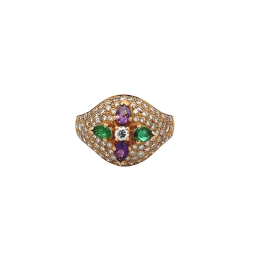 1980s 18KT Yellow Gold Diamond, Amethyst & Emerald Ring front