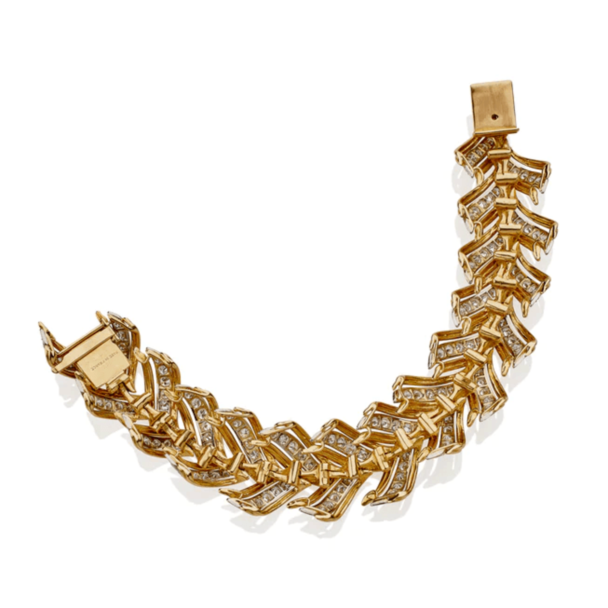 André Vassort French 1950s Platinum & 18KT Yellow Gold Diamond Bracelet back and signature