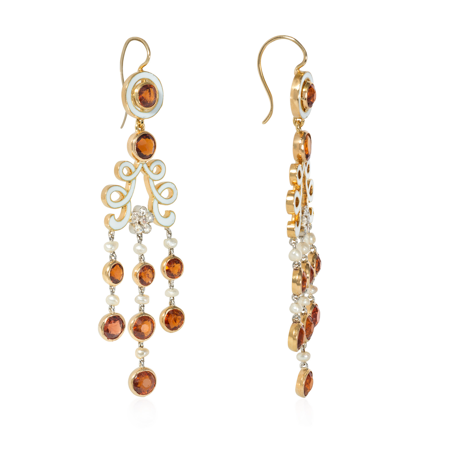 Edwardian Platinum & 18KT Yellow Gold Garnet, Diamond, Enamel & Pearl Earrings side