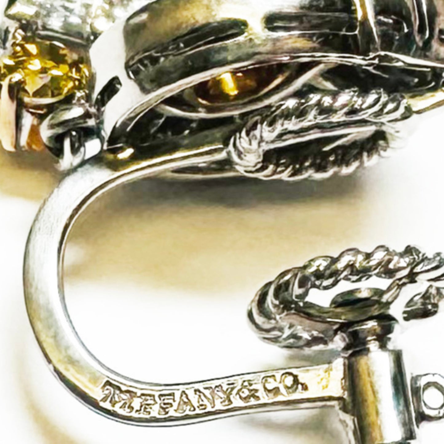 Tiffany & Co. Art Deco Palladium Diamond Earrings close-up of signature
