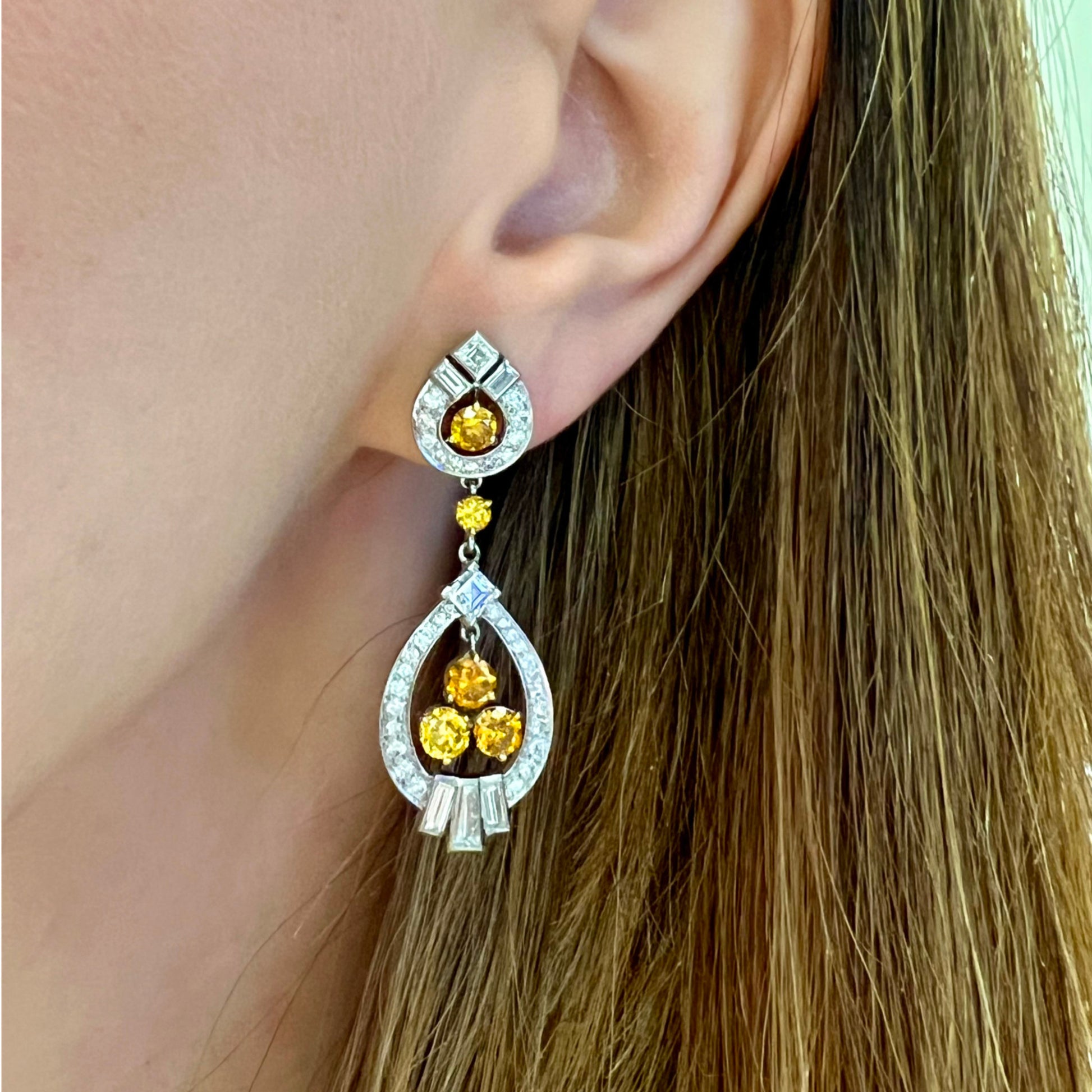 Tiffany & Co. Art Deco Palladium Diamond Earrings on ear