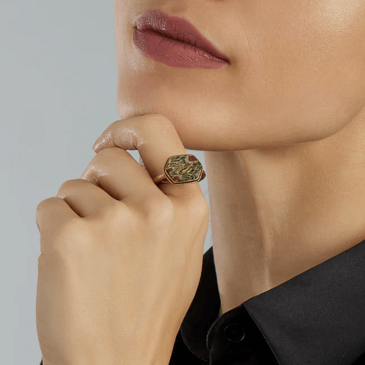 Renaissance Gilt & Ancient Roman Mosaic Glass Ring on finger