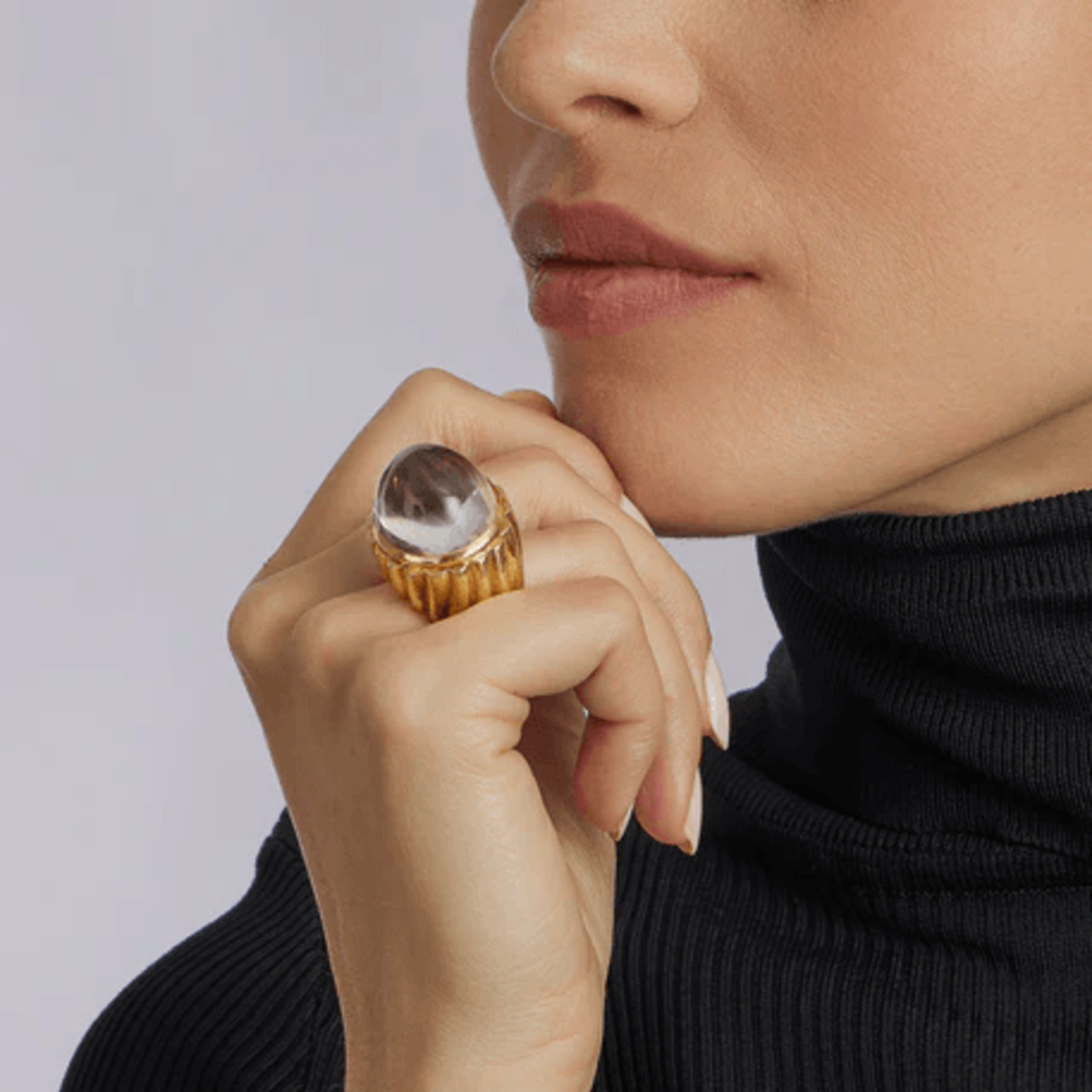 David Webb 1960s 18KT Yellow Gold Rock Crystal Bombé Ring on finger