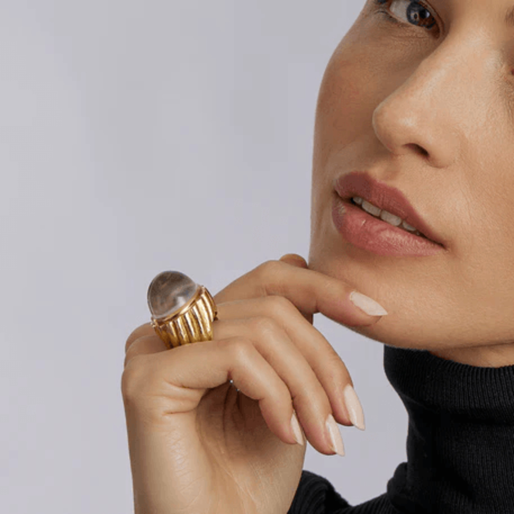 David Webb 1960s 18KT Yellow Gold Rock Crystal Bombé Ring on finger