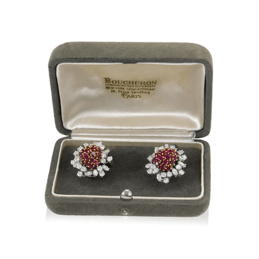 Boucheron Paris 1960s Platinum & 18KT Yellow Gold Ruby & Diamond Earrings in box