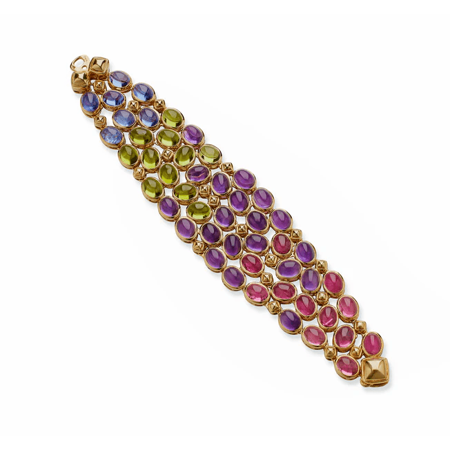 Rene Boivin French 1980s 18KT Yellow Gold Tourmaline, Amethyst, Peridot & Sapphire Bracelet front