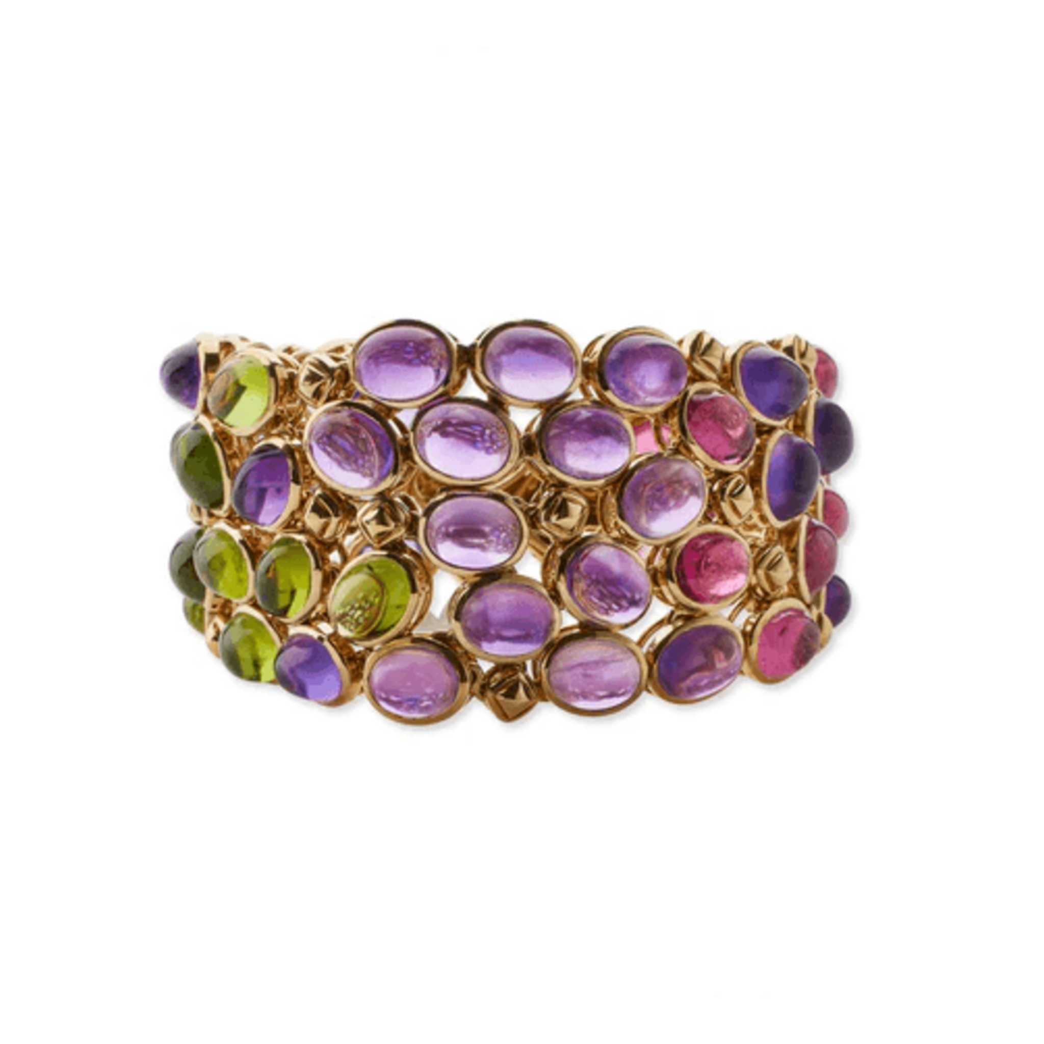 Rene Boivin French 1980s 18KT Yellow Gold Tourmaline, Amethyst, Peridot & Sapphire Bracelet front