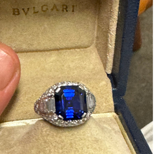 Bulgari 1970s Platinum Sapphire & Diamond Trombino Ring in box