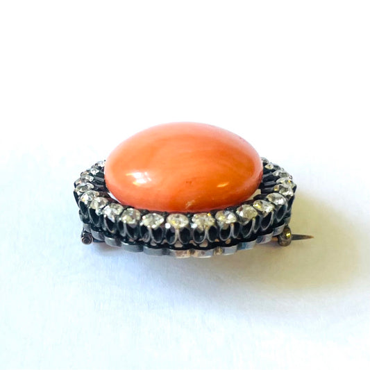 Victorian Silver & 18KT Yellow Gold Coral & Diamond Brooch profile