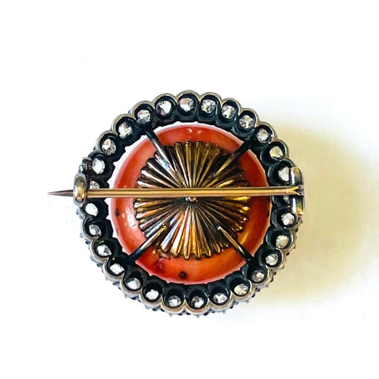 Victorian Silver & 18KT Yellow Gold Coral & Diamond Brooch back