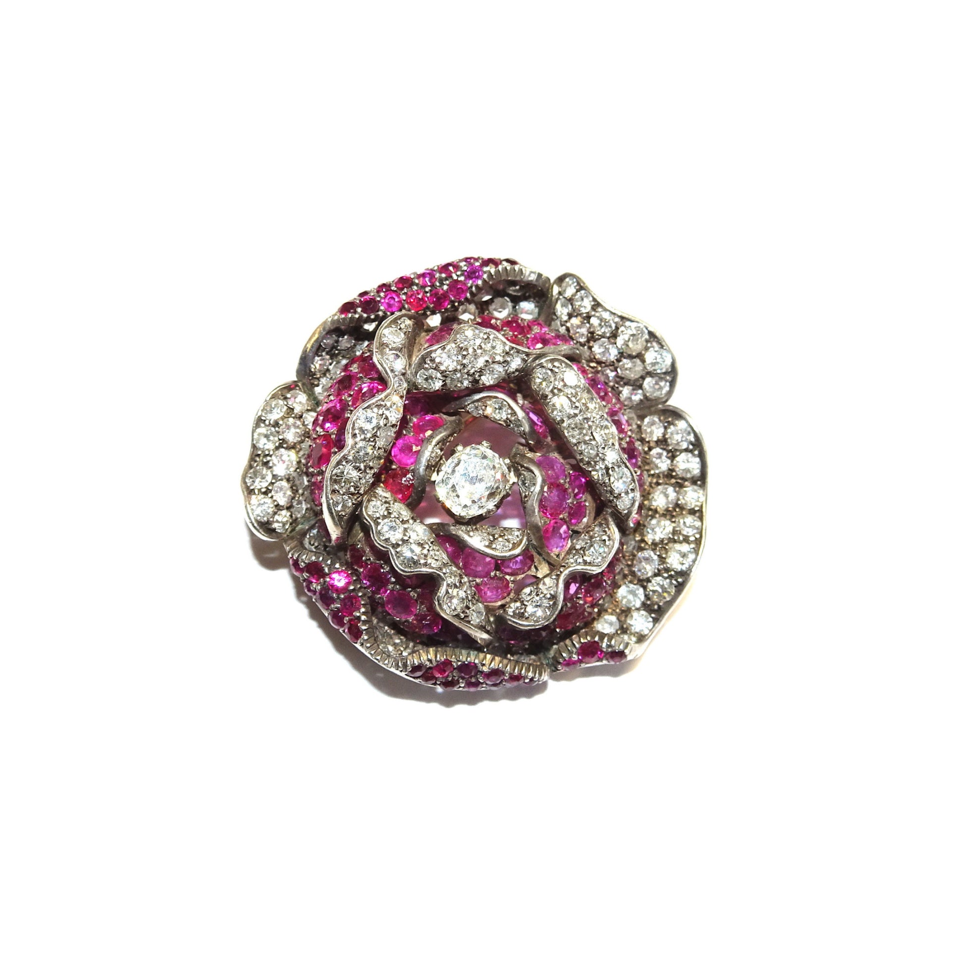 Victorian Silver & 18KT Yellow Gold Ruby & Diamond Flower Brooch front