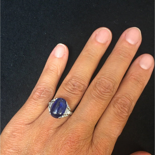 1930s Platinum Sapphire & Diamond Ring on finger
