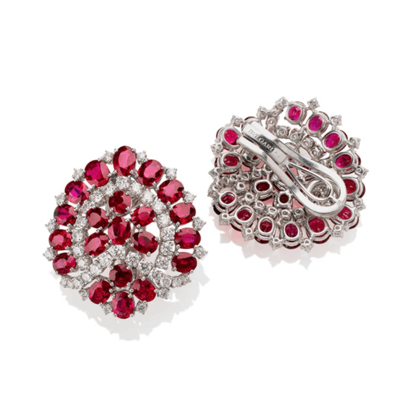 Bulgari 1960s Platinum Diamond & Ruby Earrings front and back