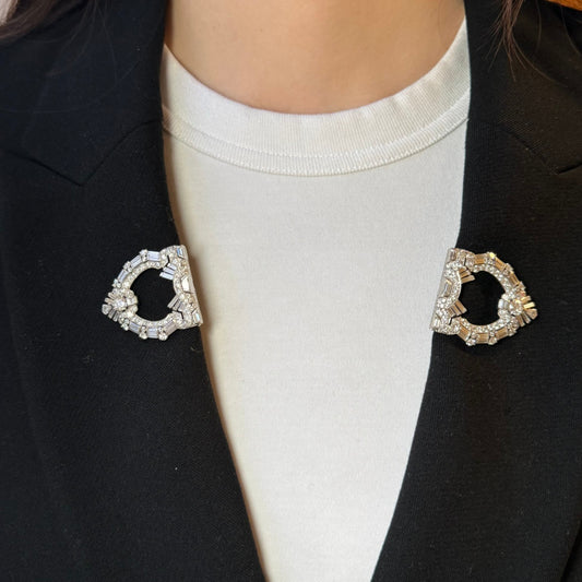 Raymond Yard 1930s Platinum Diamond Brooch on lapel