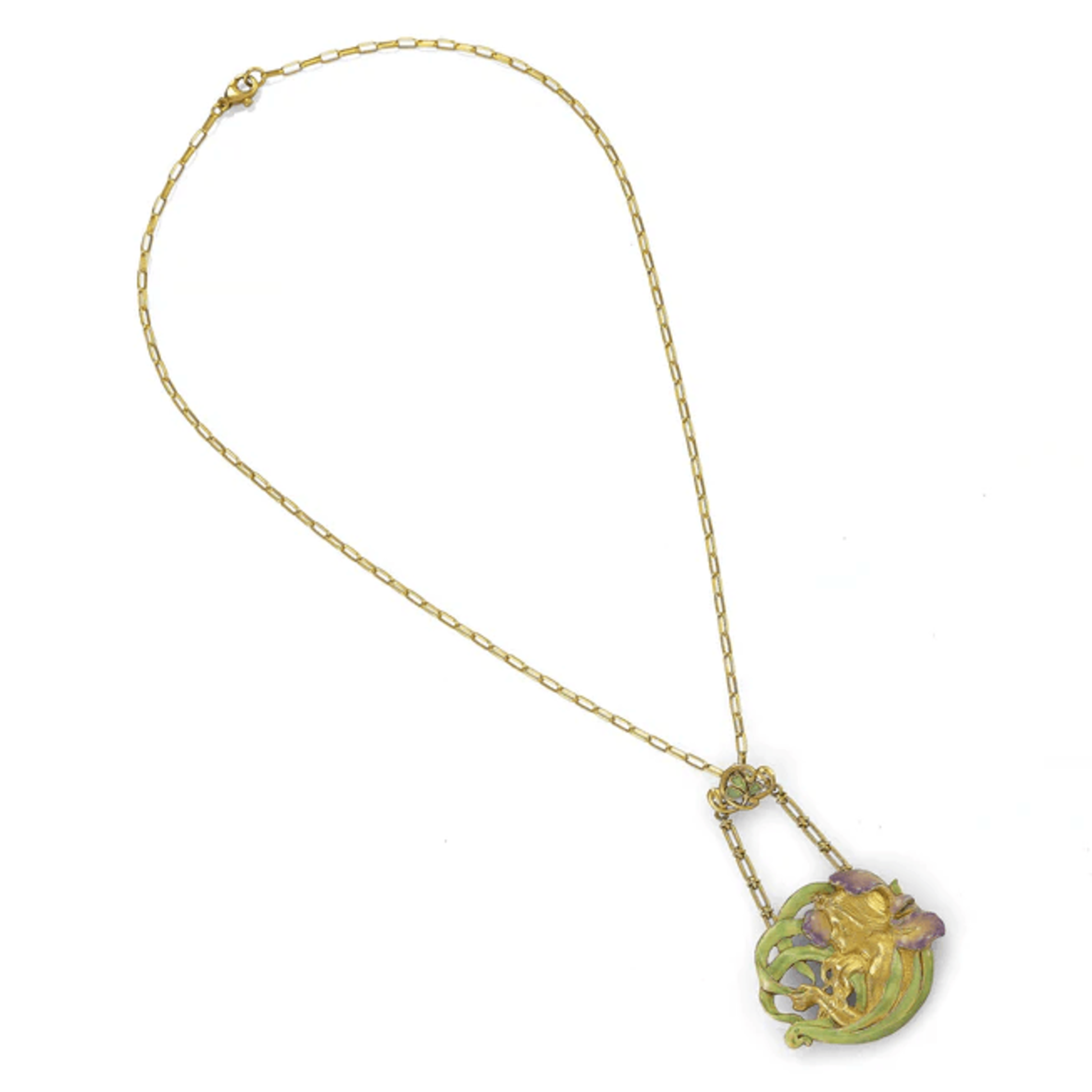 André Rambour French Art Nouveau 18KT Yellow Gold Enamel Femme-Fleur Necklace front
