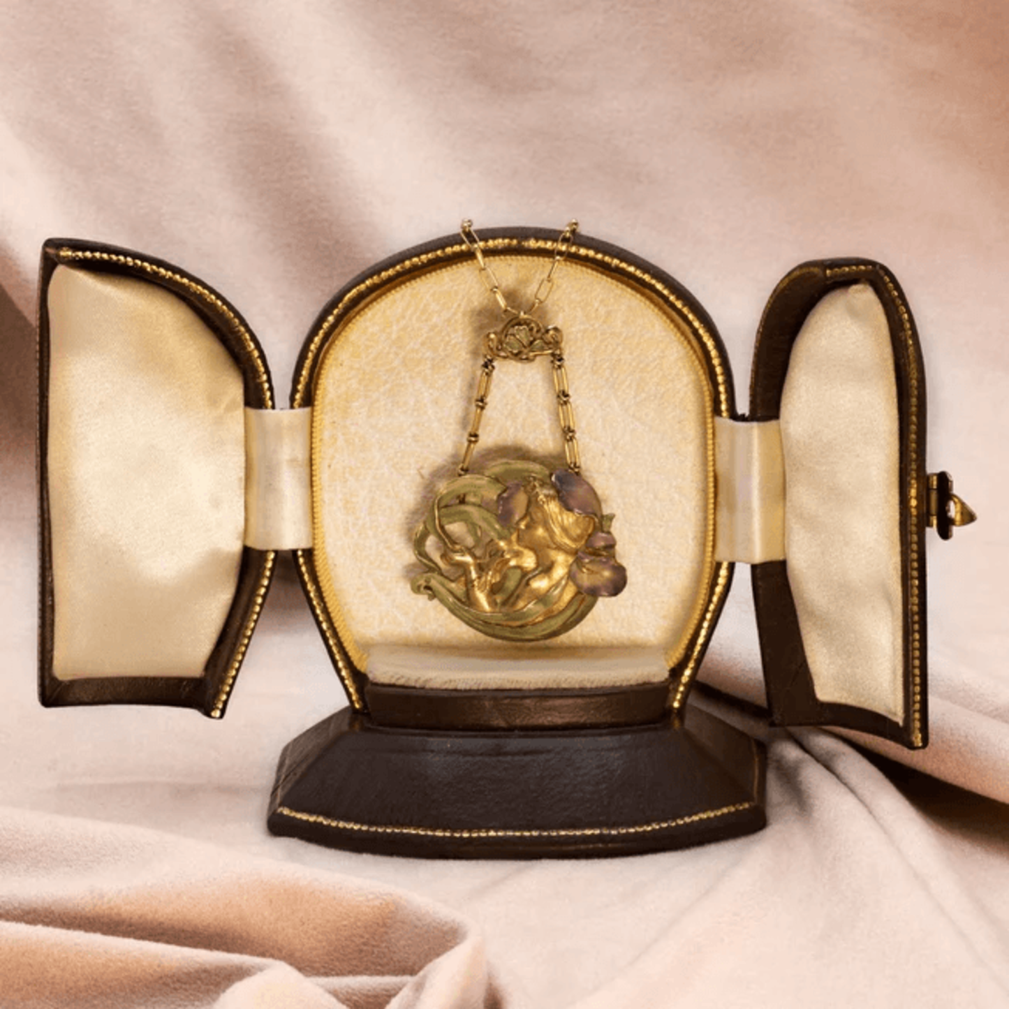 André Rambour French Art Nouveau 18KT Yellow Gold Enamel Femme-Fleur Necklace in box