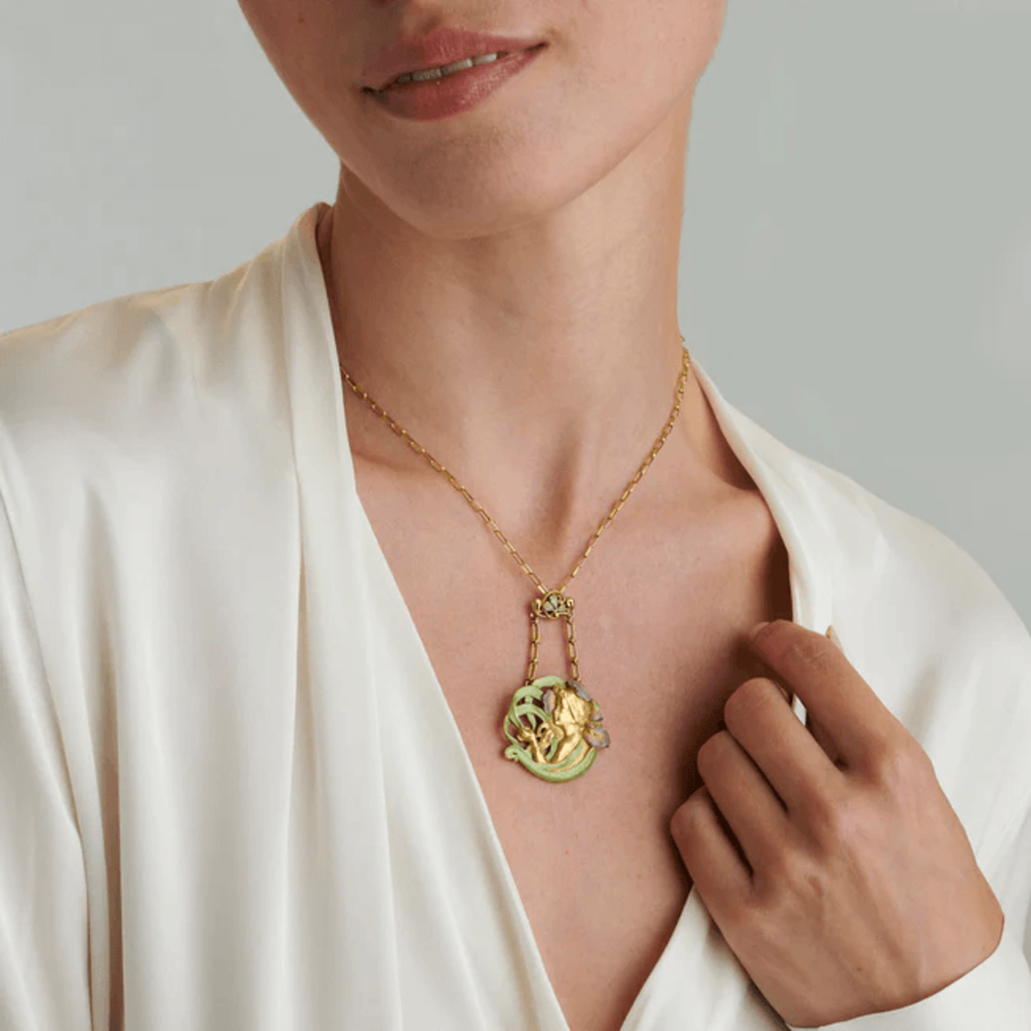 André Rambour French Art Nouveau 18KT Yellow Gold Enamel Femme-Fleur Necklace on neck