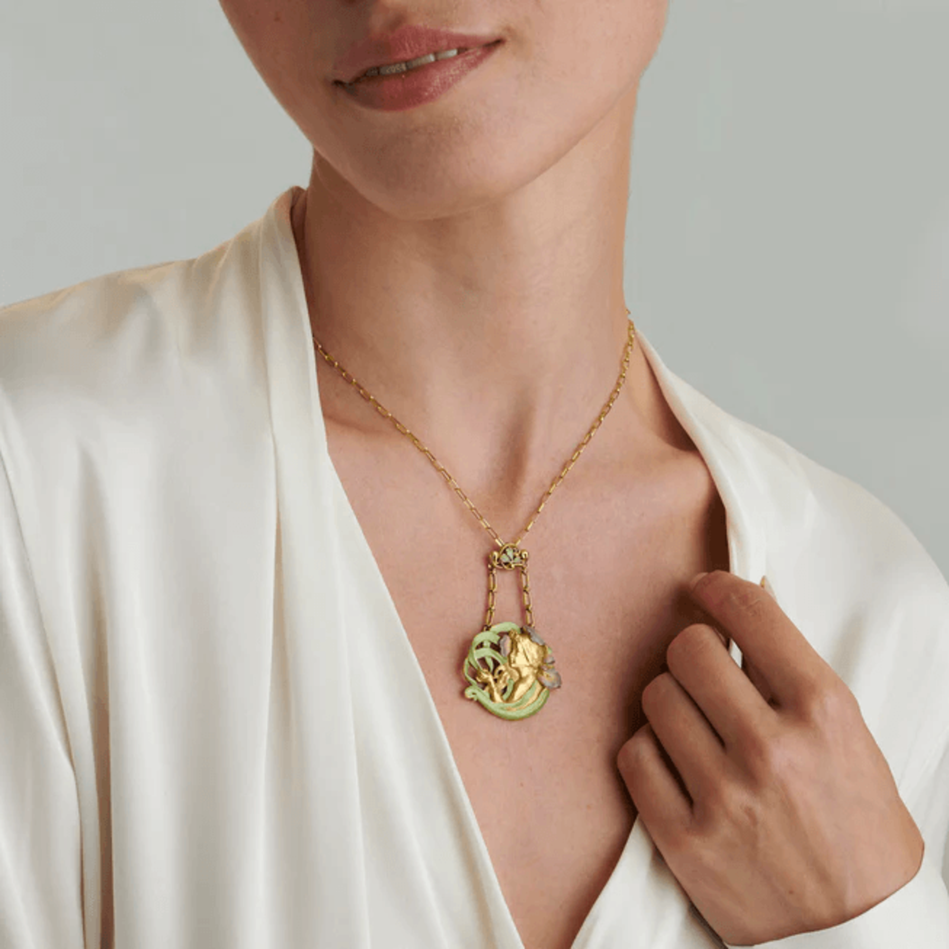 André Rambour French Art Nouveau 18KT Yellow Gold Enamel Femme-Fleur Necklace on neck