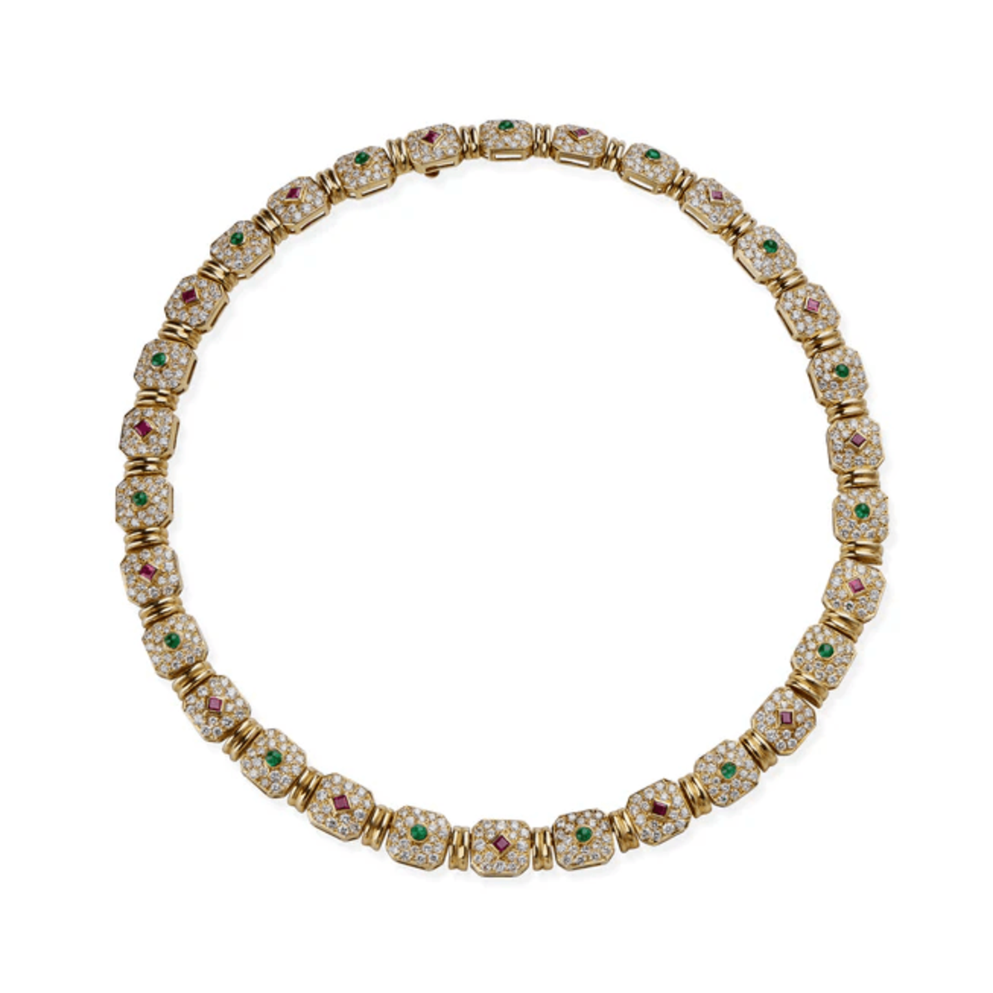 Péry et Fils French 1970s 18KT Yellow Gold Diamond, Emerald & Ruby Necklace front