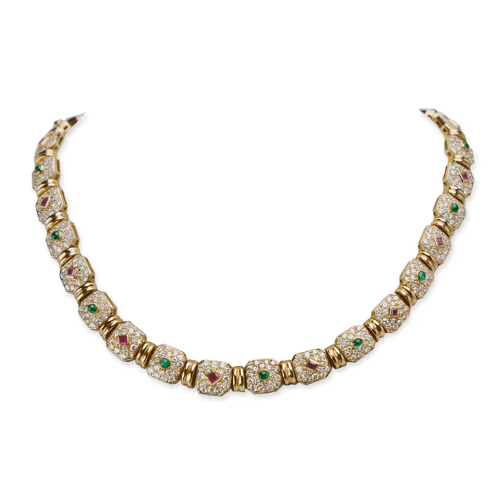 Péry et Fils French 1970s 18KT Yellow Gold Diamond, Emerald & Ruby Necklace front