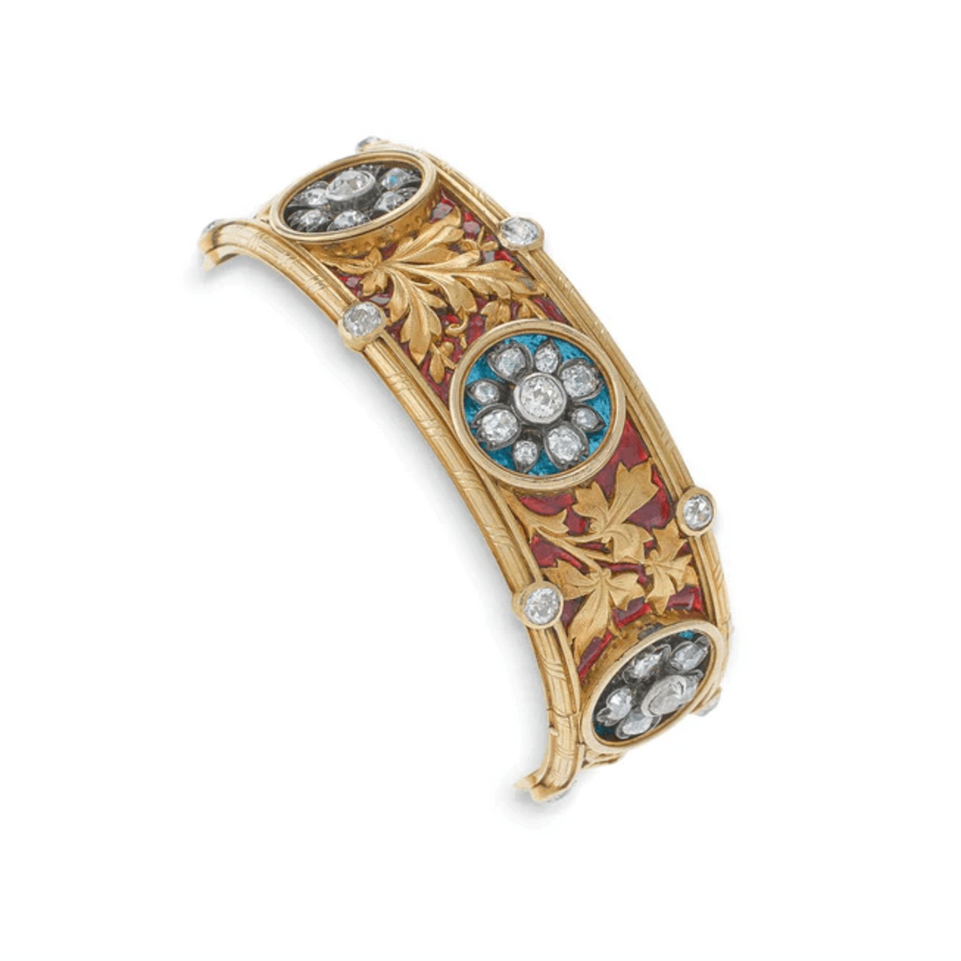 Bapst & Falize Paris Victorian Silver & 18KT Yellow Gold Diamond & Enamel Bracelet front