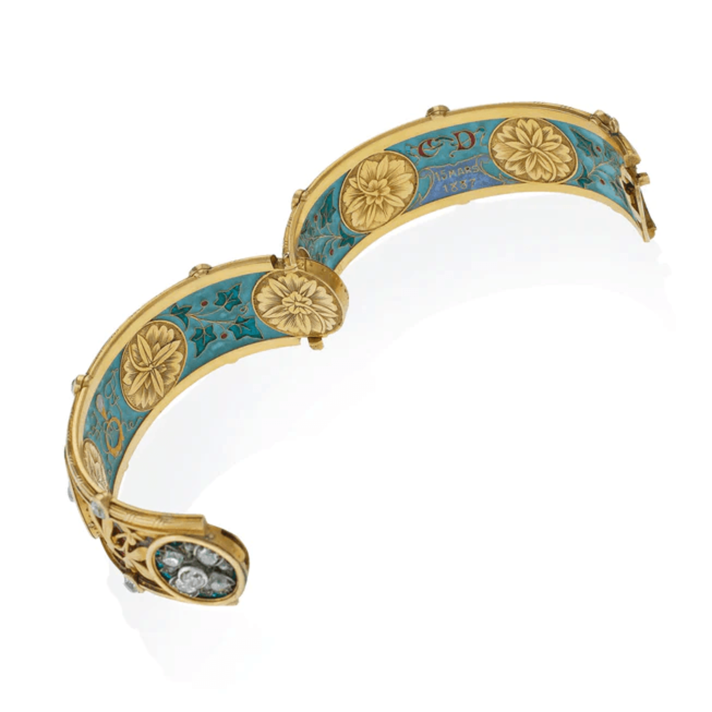 Bapst & Falize Paris Victorian Silver & 18KT Yellow Gold Diamond & Enamel Bracelet inside and signature and date