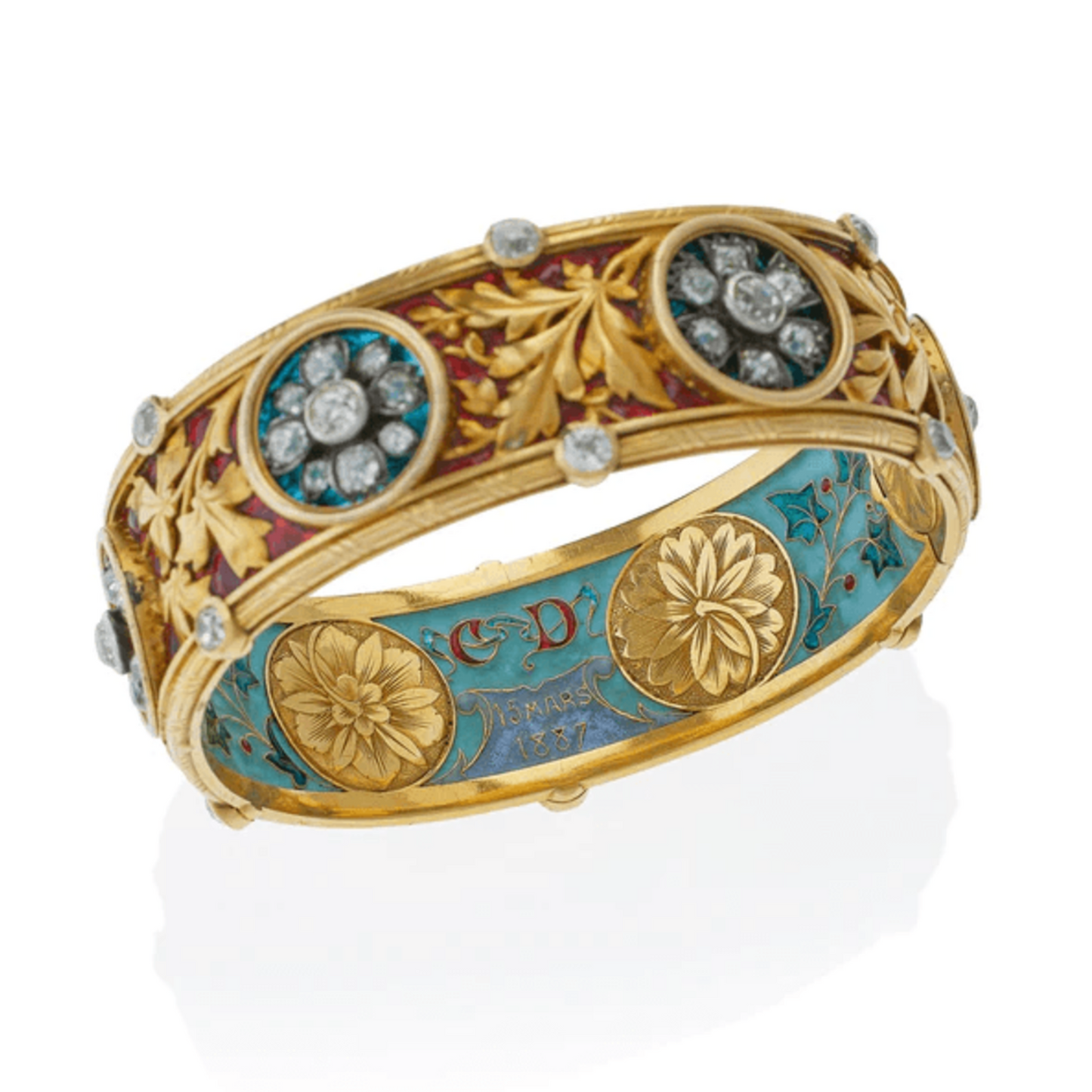 Bapst & Falize Paris Victorian Silver & 18KT Yellow Gold Diamond & Enamel Bracelet signature and date