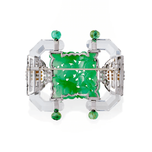 Mauboussin Paris 1930s Platinum & 18KT Grey Gold Jadeite, Diamond, Emerald & Rock Crystal Brooch back