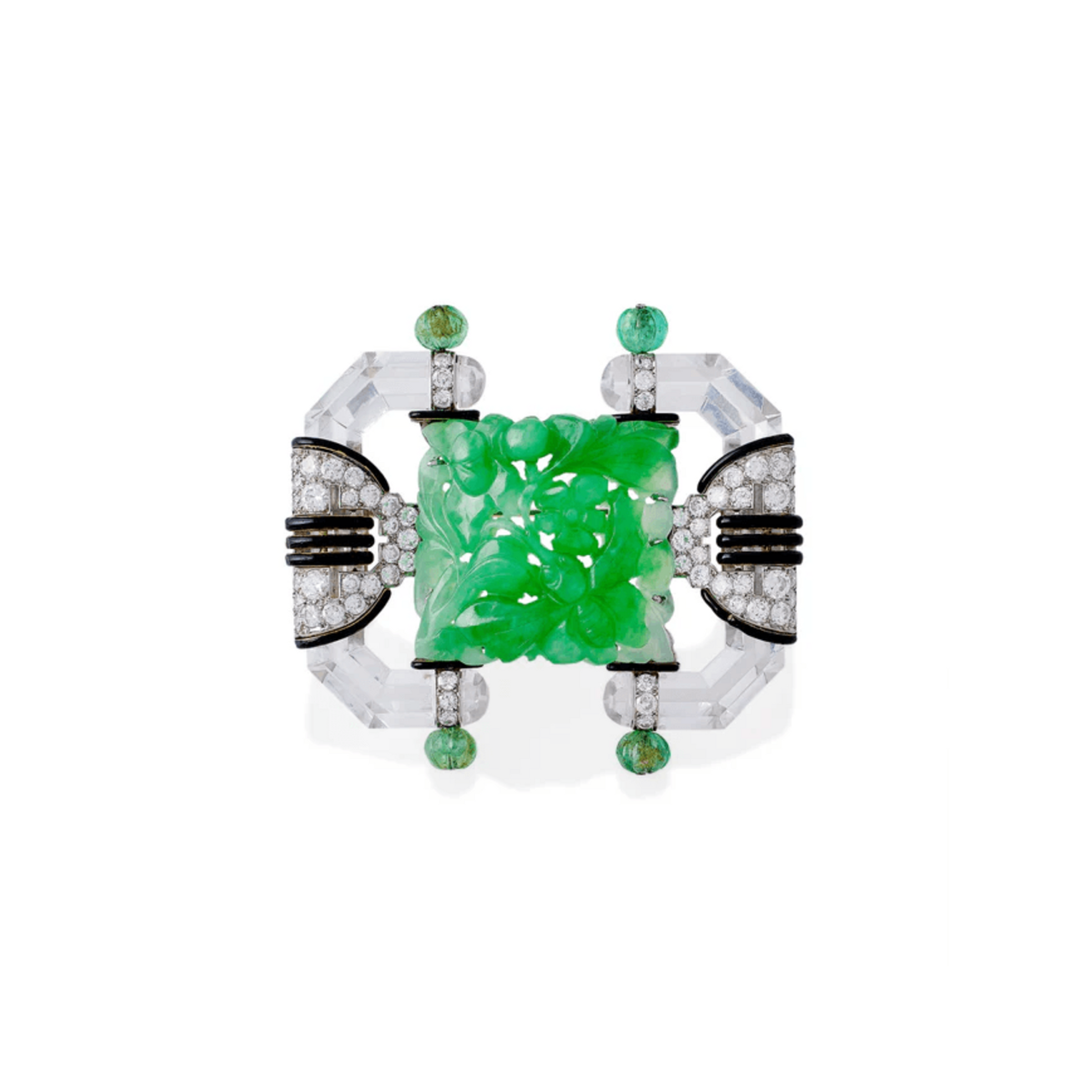 Mauboussin Paris 1930s Platinum & 18KT Grey Gold Jadeite, Diamond, Emerald & Rock Crystal Brooch front