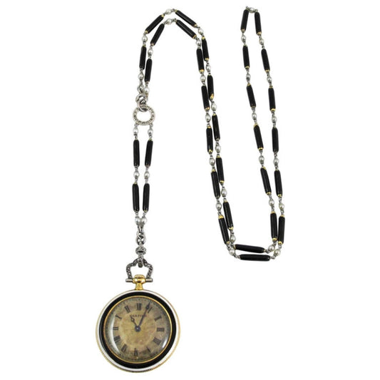 Cartier Paris Art Deco Platinum Enamel, Diamond & Pearl Watch Necklace watch face