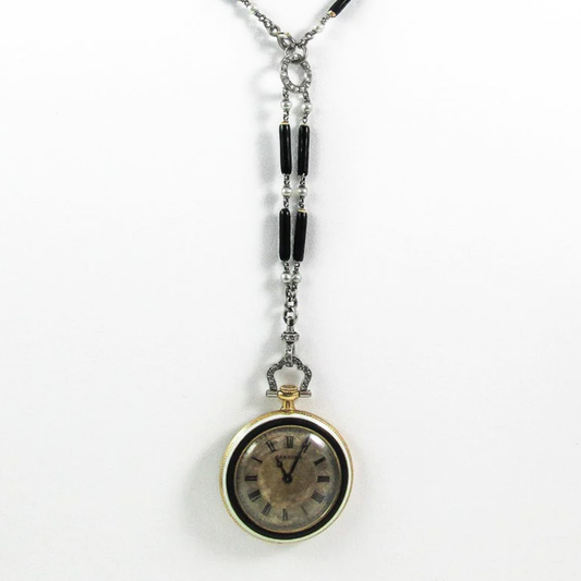 Cartier Paris Art Deco Platinum Enamel, Diamond & Pearl Watch Necklace watch face