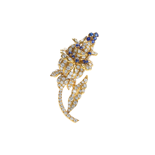 Lacloche Frères Paris 1950s 18KT Yellow Gold Sapphire & Diamond Flower Brooch front