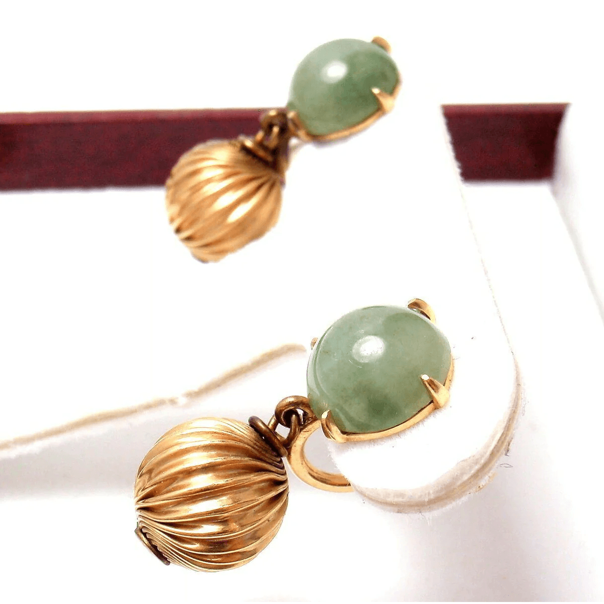 1980s 14KT Yellow Gold Jade Earrings in box