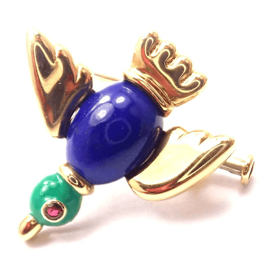 Cartier Post-1980s 18KT Yellow Gold Lapis Lazuli & Ruby Bird Brooch front