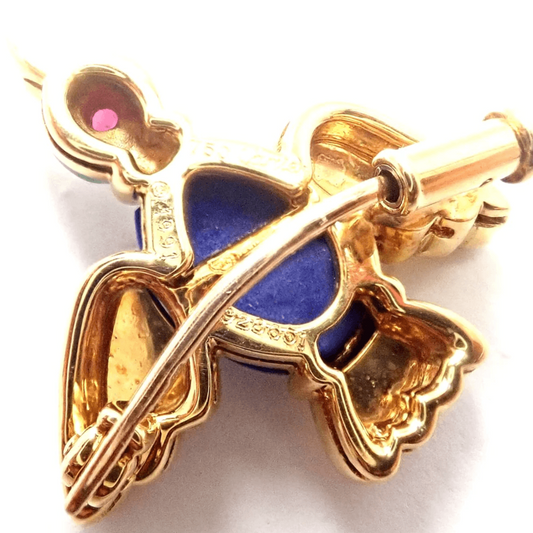 Cartier Post-1980s 18KT Yellow Gold Lapis Lazuli & Ruby Bird Brooch back