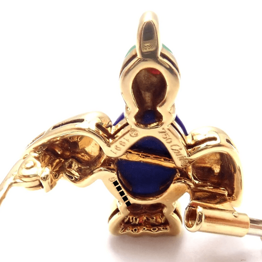 Cartier Post-1980s 18KT Yellow Gold Lapis Lazuli & Ruby Bird Brooch back and signature