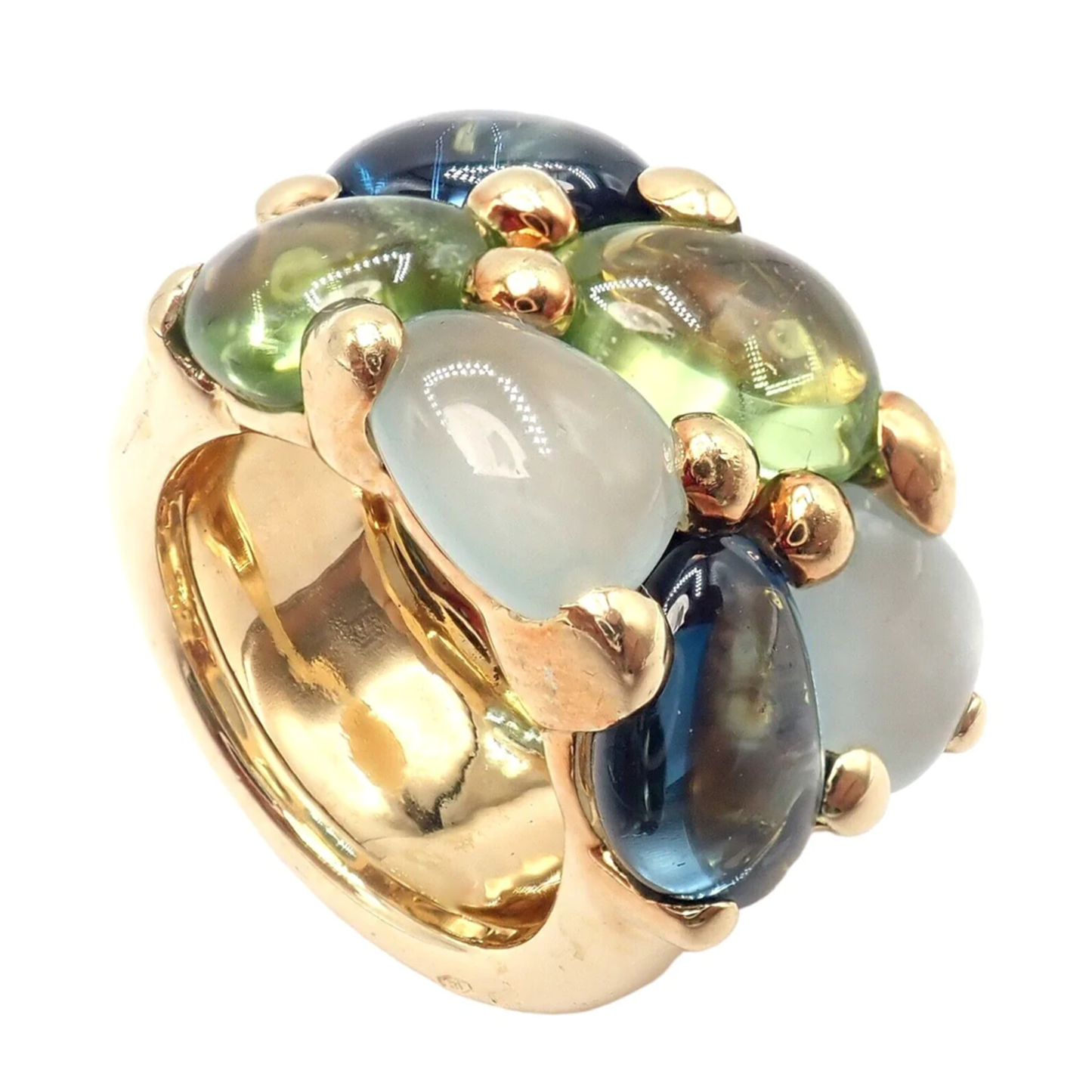 Pomellato Post-1980s 18KT Yellow Gold Topaz, Aquamarine & Peridot Ring front