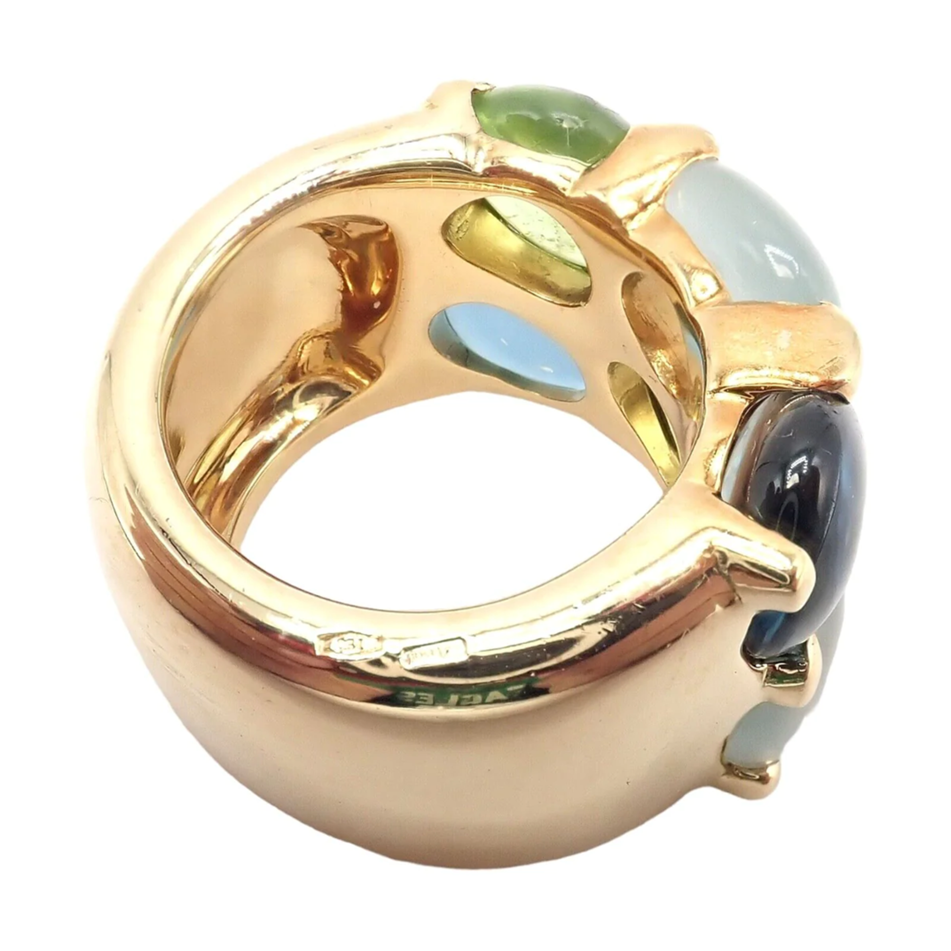 Pomellato Post-1980s 18KT Yellow Gold Topaz, Aquamarine & Peridot Ring side and back