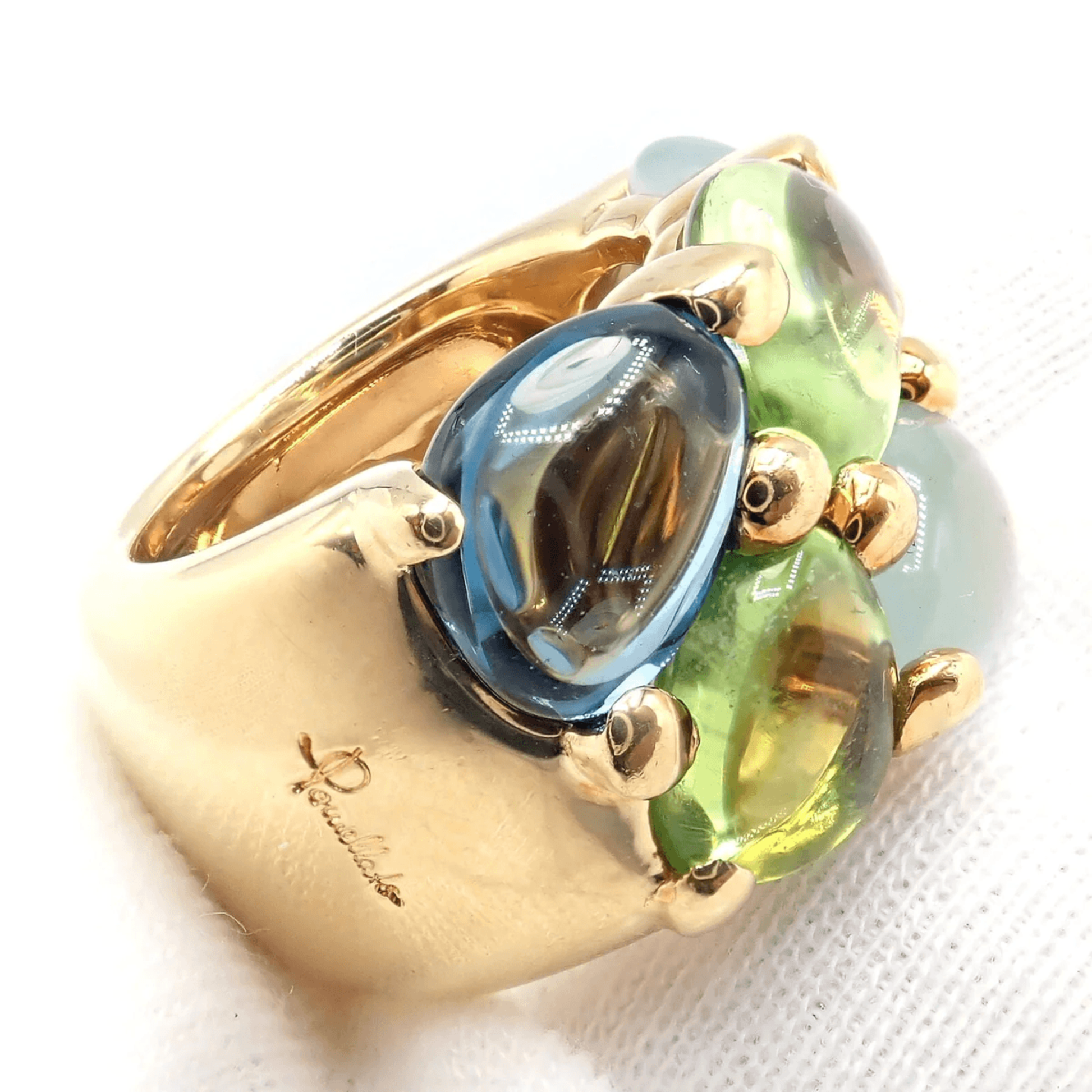 Pomellato Post-1980s 18KT Yellow Gold Topaz, Aquamarine & Peridot Ring side and signature