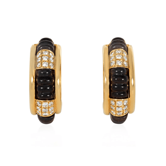 Boucheron Paris Post-1980s 18KT Yellow Gold Coral, Diamond, Onyx & Wood Interchangeable Pluriel Earrings front