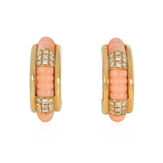 Boucheron Paris Post-1980s 18KT Yellow Gold Coral, Diamond, Onyx & Wood Interchangeable Pluriel Earrings front