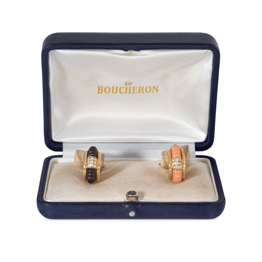 Boucheron Paris Post-1980s 18KT Yellow Gold Coral, Diamond, Onyx & Wood Interchangeable Pluriel Earrings in box