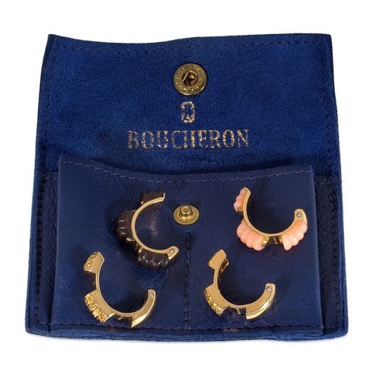 Boucheron Paris Post-1980s 18KT Yellow Gold Coral, Diamond, Onyx & Wood Interchangeable Pluriel Earrings on pouch